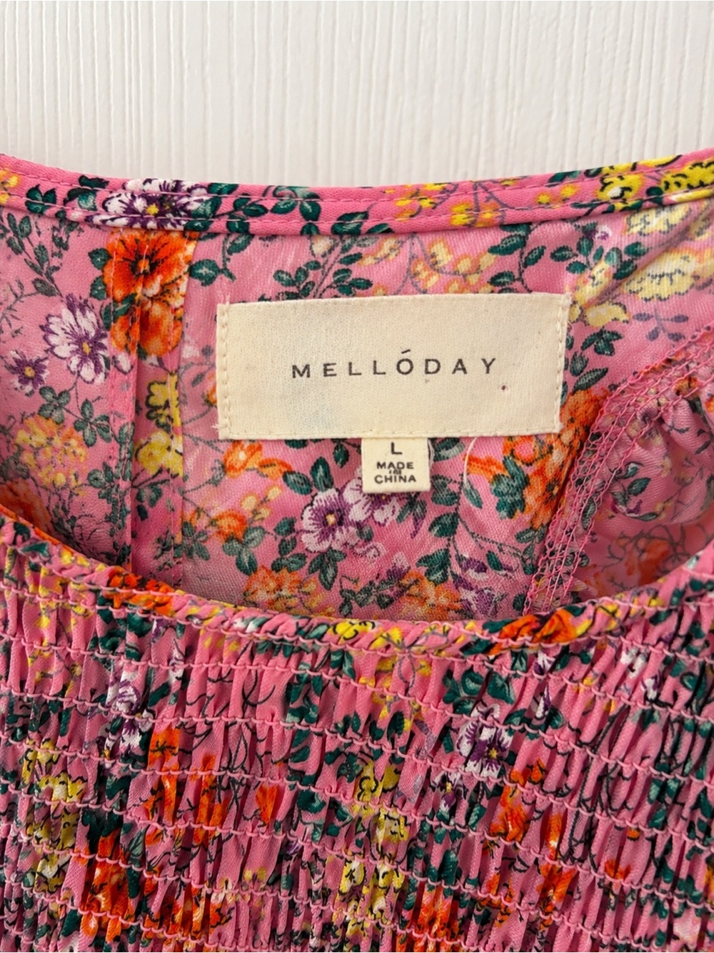 Melloday L Pink Floral Smocked Ruffle Tiered Maxi Dress Cottagecore Romantic - Picture 5 of 5